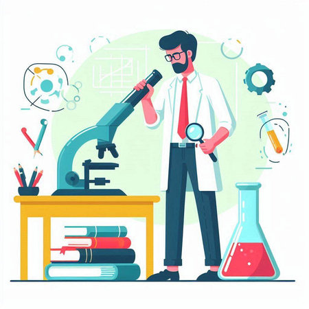 Scientist with microscope and test tubes in chemistry lab. Vector illustrationのイラスト素材