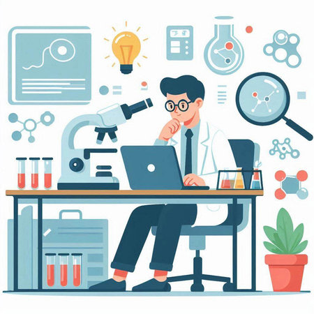 Scientist with microscope and test tubes working in laboratory. Vector illustrationのイラスト素材