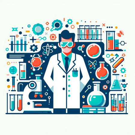 Vector illustration with scientist in lab coat, glasses and laboratory equipment on white backgroundのイラスト素材