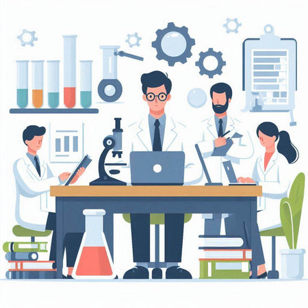 Scientist team working in the laboratory. Flat design vector illustration.のイラスト素材