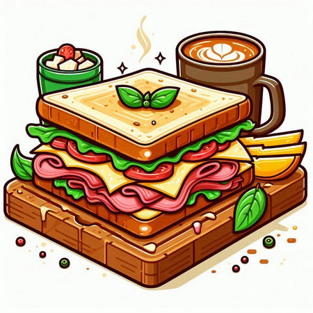 Illustration of a sandwich with ham, cheese, lettuce, tomato and coffeeのイラスト素材