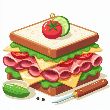 Sandwich with ham, cheese, tomato and cucumber. Vector illustration.のイラスト素材