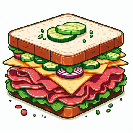 Sandwich with ham, cheese and cucumber. Vector illustration.のイラスト素材