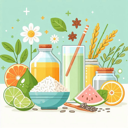 Vector illustration of a set of ingredients for a healthy breakfast: rice, watermelon, lemon, honey, lime.のイラスト素材