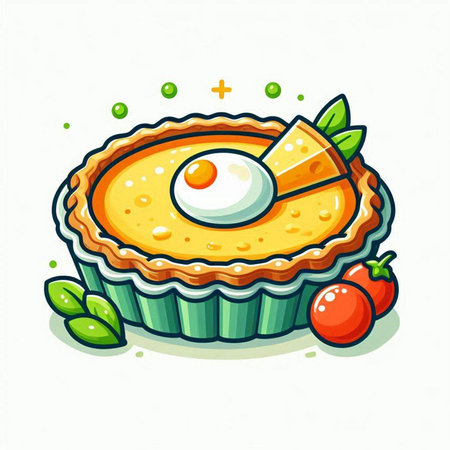 Illustration of a pie with egg and tomatoes on a white backgroundのイラスト素材