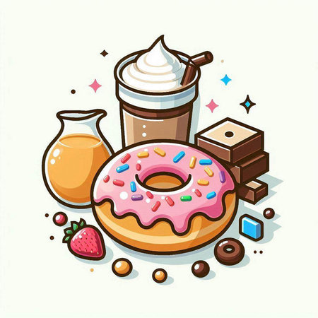Coffee, donut, chocolate and milk. Vector illustration.のイラスト素材