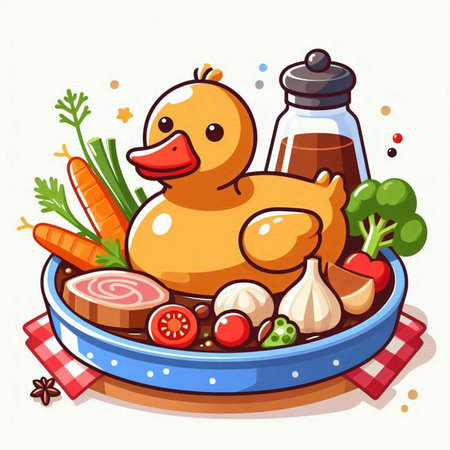Vector illustration of a duck in a plate with vegetables and spices.のイラスト素材