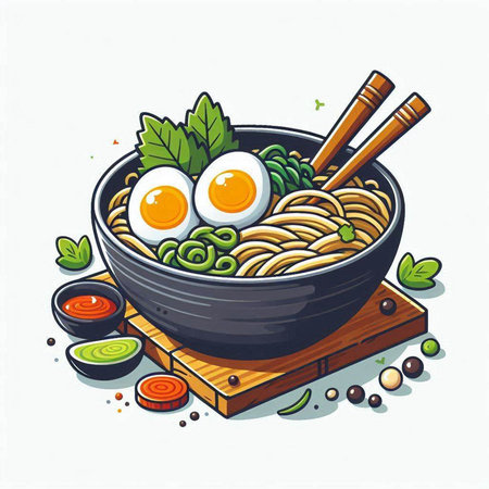 Illustration of a bowl of ramen noodles with fried eggs and vegetablesのイラスト素材