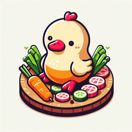 Vector illustration of a cute chicken and vegetables on a cutting board.のイラスト素材