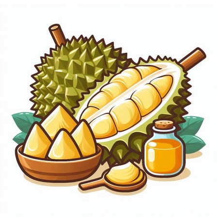 Durian fruit and durian oil on white background. Vector illustration.のイラスト素材