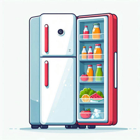 Refrigerator with food in front of it. Vector illustration.のイラスト素材