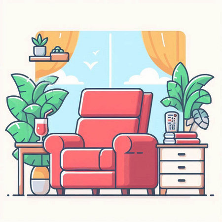 Living room interior with armchair, coffee table, tv remote control and plants. Flat vector illustration.のイラスト素材