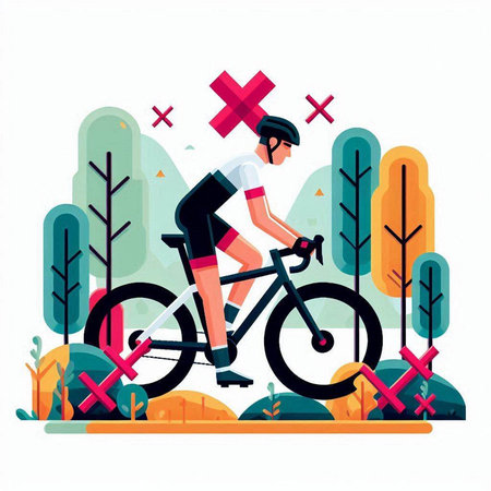 Cyclist in the forest. Flat vector illustration on white background.のイラスト素材