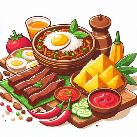 Illustration of a set of Asian dishes, food and drinks.のイラスト素材