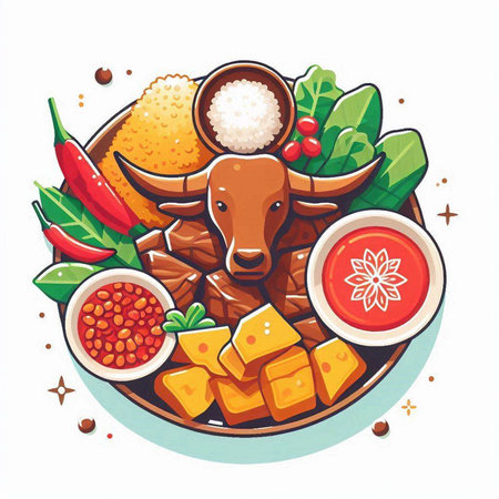 Steamed meat with vegetables and spices. Vector illustration in cartoon style.のイラスト素材