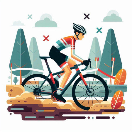 Cyclist rides in the autumn forest. Flat vector illustration.のイラスト素材
