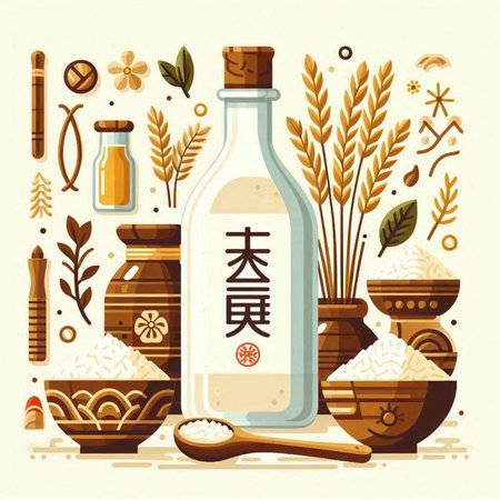 Vector illustration of traditional japanese beverage in glass bottle and ingredients.のイラスト素材
