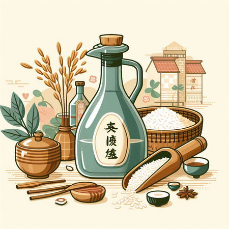 Illustration of Japanese rice and sake in a glass bottle with a ladle.のイラスト素材