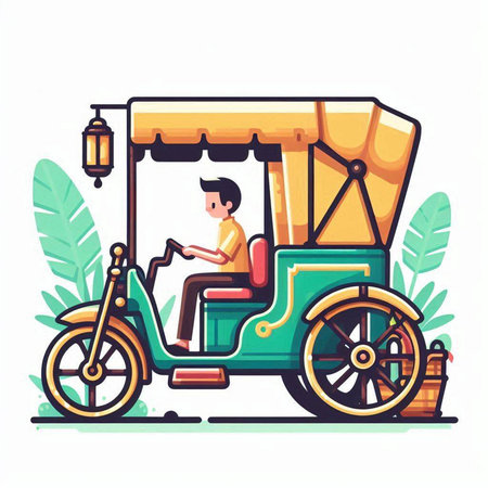Tuk-tuk vector illustration. Asian man rides a tricycle.のイラスト素材