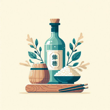 Japanese sake bottle with rice and wooden barrel. Vector illustration in flat style.のイラスト素材
