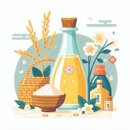 Rice products vector flat illustration. Ripe rice, bowl, bottle of rice oil, rice seed in glass jar.のイラスト素材