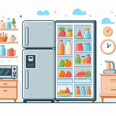 Refrigerator with different food in the kitchen. Vector illustration.のイラスト素材