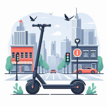 Electric scooter in the city. Urban transport. Vector illustration.のイラスト素材