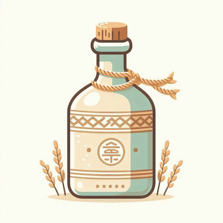 Bottle with Chinese hieroglyphs. Vector illustration in cartoon style.のイラスト素材