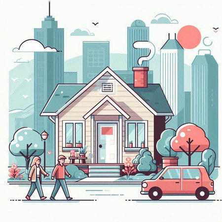 Couple walking in front of the house. Cartoon vector illustration.のイラスト素材