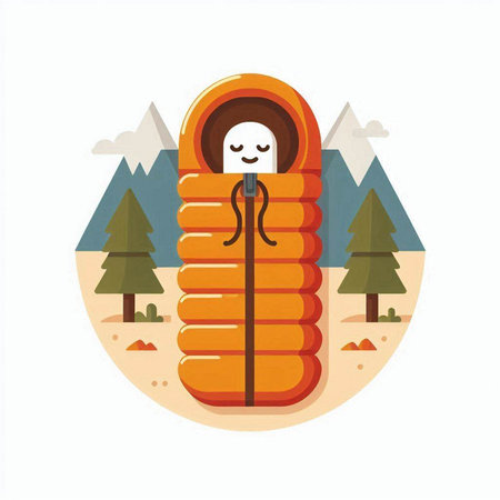 Illustration of a sleeping bag in the mountains. Flat design.のイラスト素材