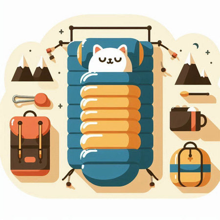 Vector illustration of a sleeping bag in flat design style with camping equipment.のイラスト素材