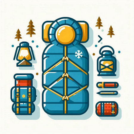 Hiking and camping equipment icons set in flat style. Vector illustration.のイラスト素材
