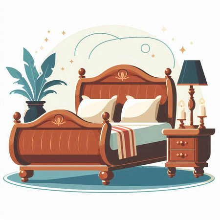 Vector illustration of a bed with pillows and a bedside table.のイラスト素材