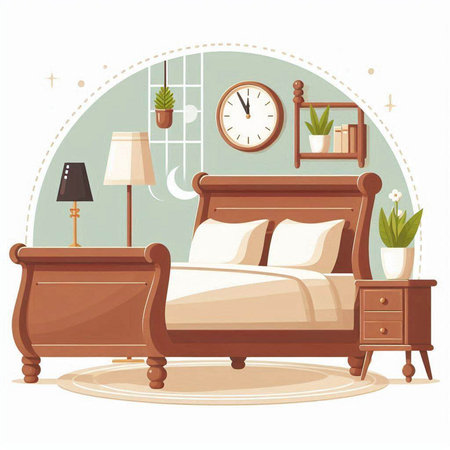 Bedroom interior with furniture. Vector illustration in flat cartoon style.のイラスト素材