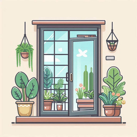 Flat style vector illustration of a window with plants in pots.のイラスト素材