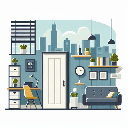 Modern living room interior with furniture and city view. Vector illustration.のイラスト素材
