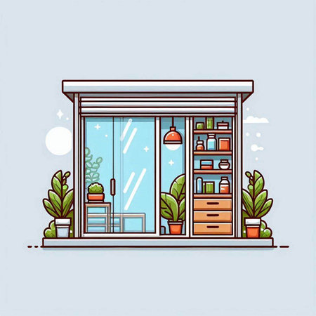 Vector illustration of a modern glass shop window with plants in pots.のイラスト素材