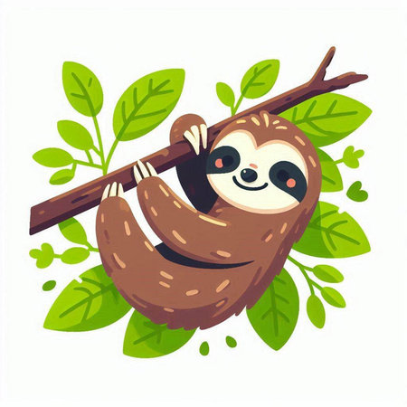 Cute cartoon sloth hanging on tree branch. Vector illustration.のイラスト素材