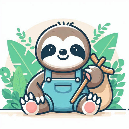 Cute cartoon sloth in overalls sitting on the ground. Vector illustration.のイラスト素材