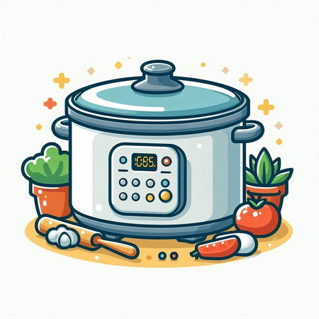Illustration of a rice cooker with vegetables on a white background.のイラスト素材