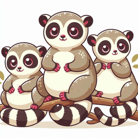 Three cute lemurs sit on a tree branch. Vector illustration.のイラスト素材