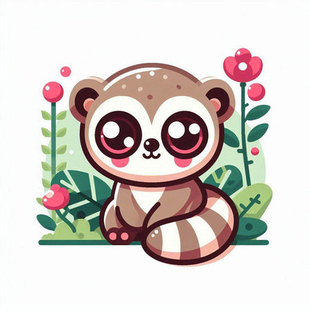 Cute cartoon raccoon with flowers and leaves. Vector illustration.のイラスト素材