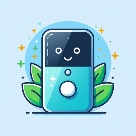 Smartphone with green leaves on blue background. Flat style vector illustration.のイラスト素材