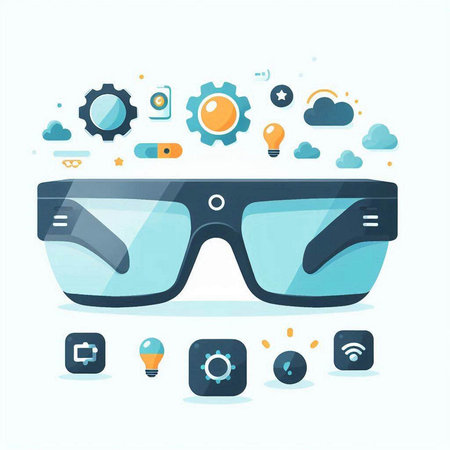 Virtual reality glasses. Vector illustration in flat style. Glasses with different icons.のイラスト素材