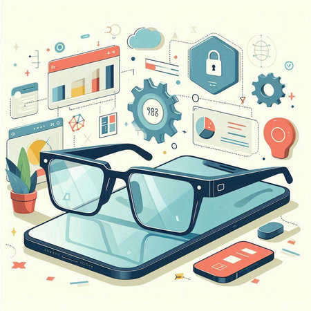 Smartphone and glasses on the background of the Internet. Vector illustrationのイラスト素材