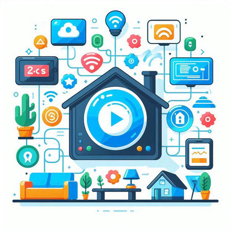 Smart home concept. Vector illustration in flat design style with icons of smart house, internet of things, internet of things, wireless technology.のイラスト素材