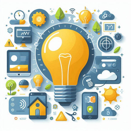 Creative idea concept with light bulb and icons. Vector illustration.のイラスト素材