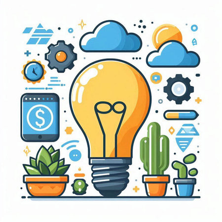 Flat design modern vector illustration concept of creative idea, innovation, inspiration, invention, effective thinking, brainstorming. Creative light bulb with gears, cactuses and other business iconsのイラスト素材