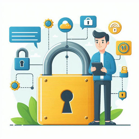 Cyber security concept. Man with smartphone and padlock. Flat vector illustrationのイラスト素材