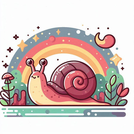 Vector illustration of snail on rainbow background. Hand drawn cartoon style.のイラスト素材
